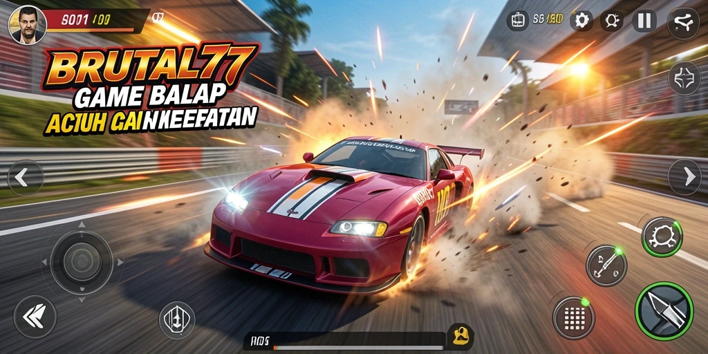 Screenshot gameplay BRUTAL77 yang menunjukkan balapan mendebarkan.