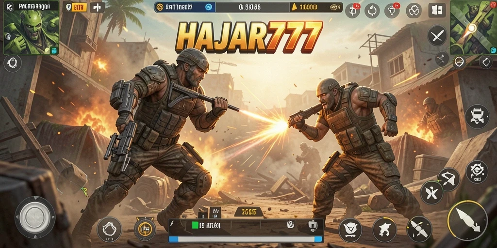 Tangkapan layar gameplay HAJAR777 menampilkan aksi Battle Royale yang mendebarkan.
