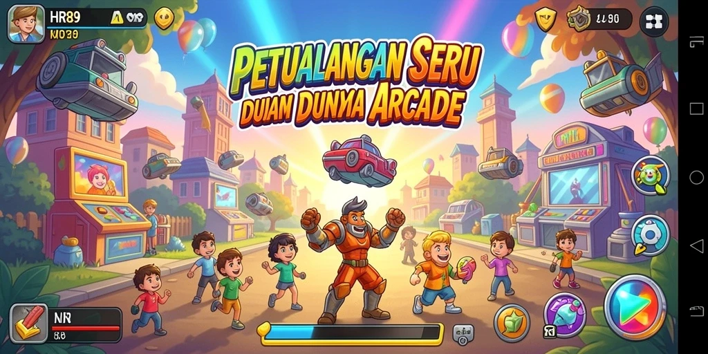Gambaran aksi seru dalam gameplay HR89 dengan grafis warna-warni.