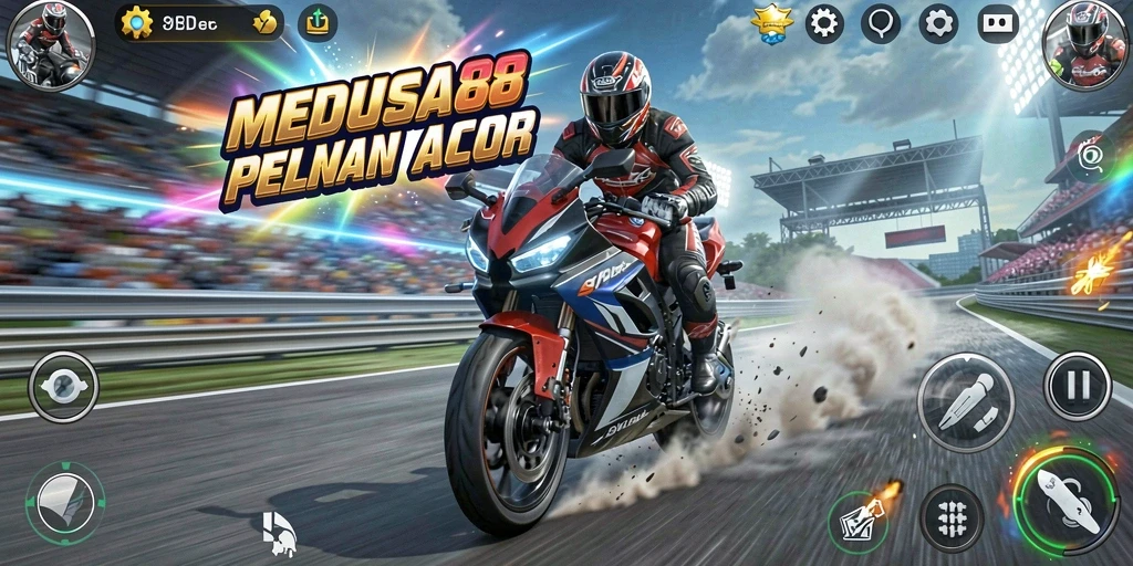 Screenshot gameplay <strong>MEDUSA88</strong> menampilkan aksi balapan motor seru.