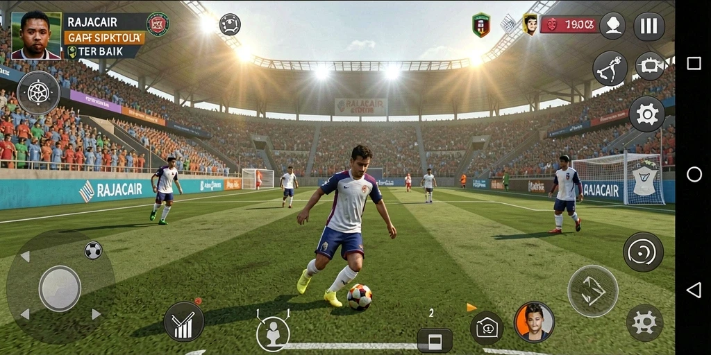 Tampilan screenshot RAJACAIR menampilkan momen seru pertandingan sepak bola.