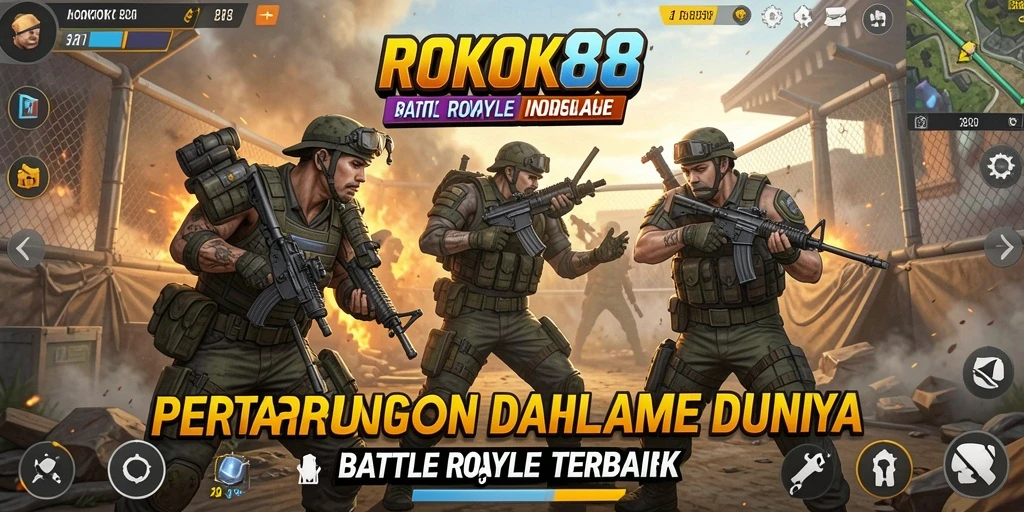 Screenshot utama ROKOK88 menampilkan aksi intens dalam pertempuran Battle Royale.