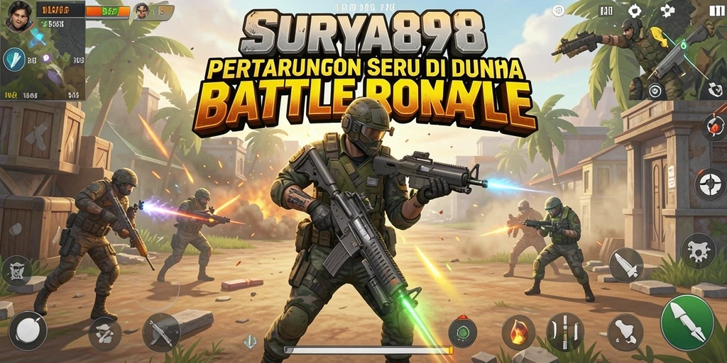 Screenshot gameplay SURYA898 menunjukkan aksi Battle Royale yang mendebarkan.